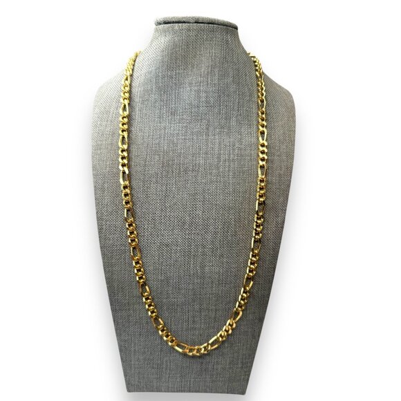 14K Gold Plated Figaro Chain Necklace 24.5" Long Lobster Claw - Picture 1 of 4